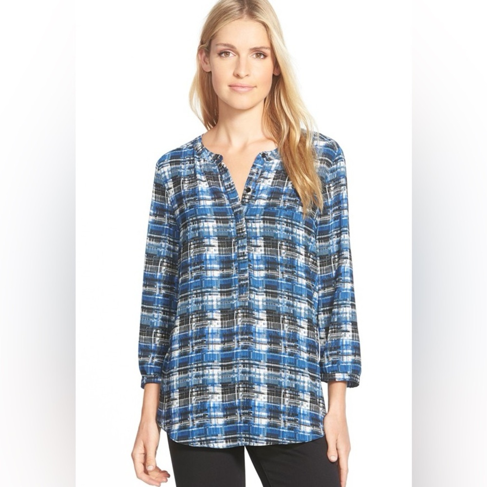 Nydj Plaid Henley Blouse, Size Pxs, Euc